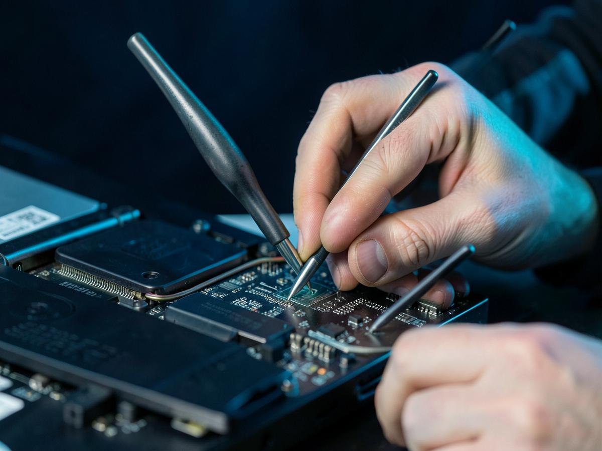 Técnico realizando reparo em placa de notebook